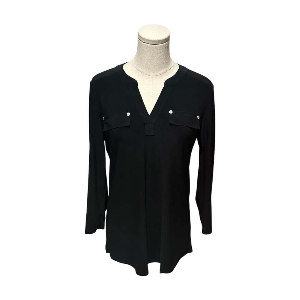 Jones New York Signature Black Long-Sleeve V-Neck Top with Faux Pockets, Size S